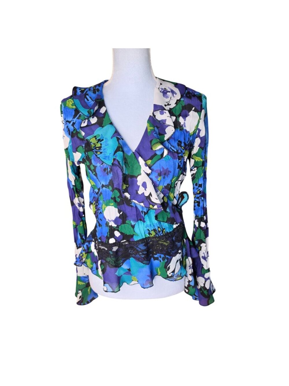 Y2K Sunny Leigh Blue Floral Bell Sleeve Wrap Top Boho Whimsigoth Coquette Sz M A
